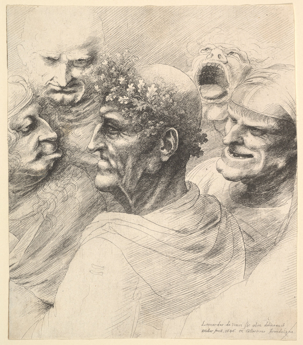 Five Grotesque Heads by Wenceslaus Hollar after Leonardo, 1646