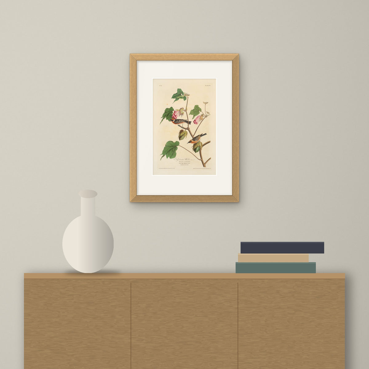 Bay-breasted Warbler – framed on a wall above a sideboard