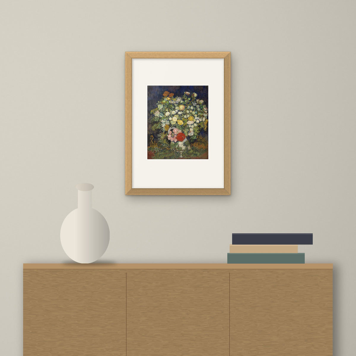 Bouquet of Flowers in a Vase – framed on a wall above a sideboard