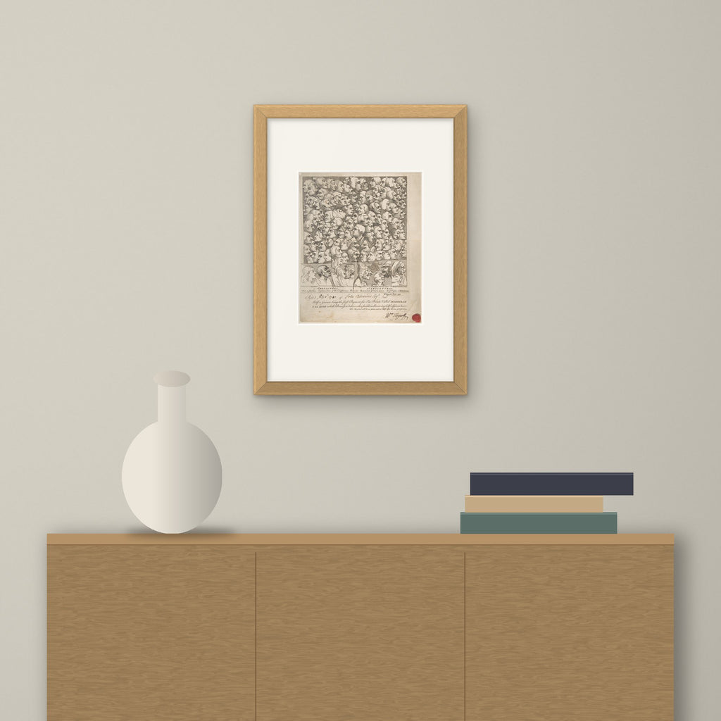 Characters and Caricaturas – framed on a wall above a sideboard
