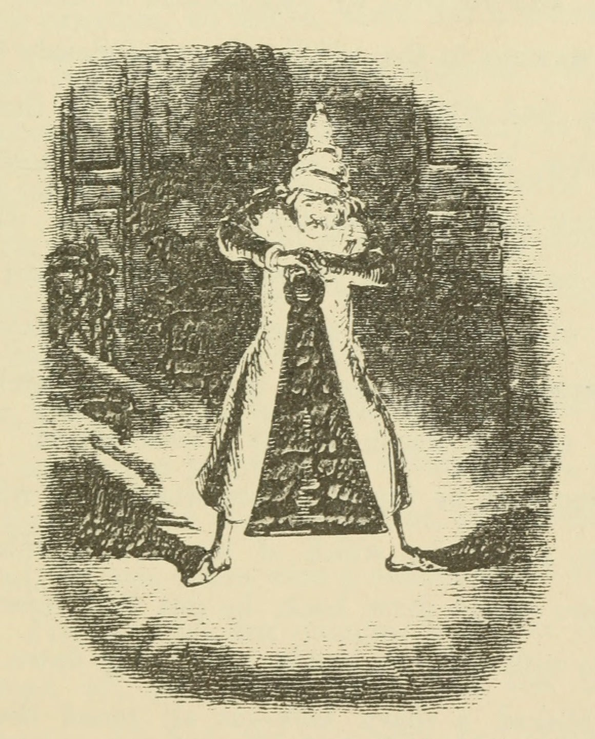 Scrooge Extinguishes the First of the Three Spirits, A Christmas Carol, illustration by John Leech, 1843