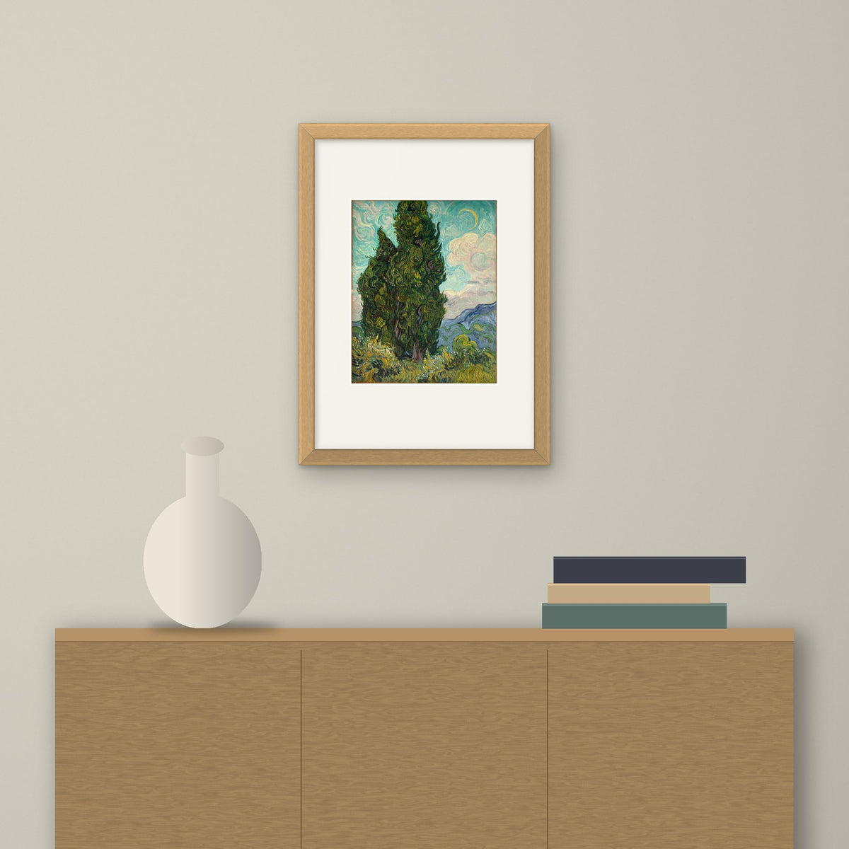 Cypresses – framed on a wall above a sideboard
