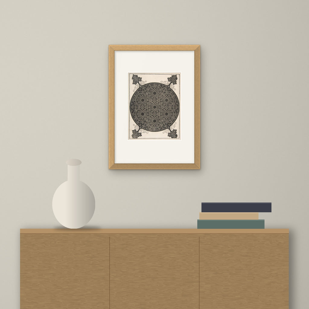 Embroidery Pattern with Six-pointed Stars – framed on a wall above a sideboard