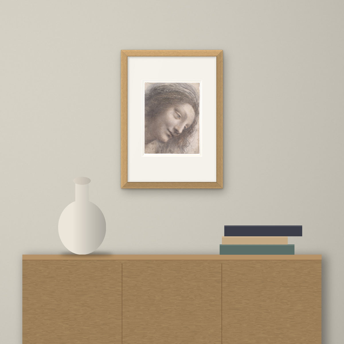 Head of the Virgin – framed on a wall above a sideboard