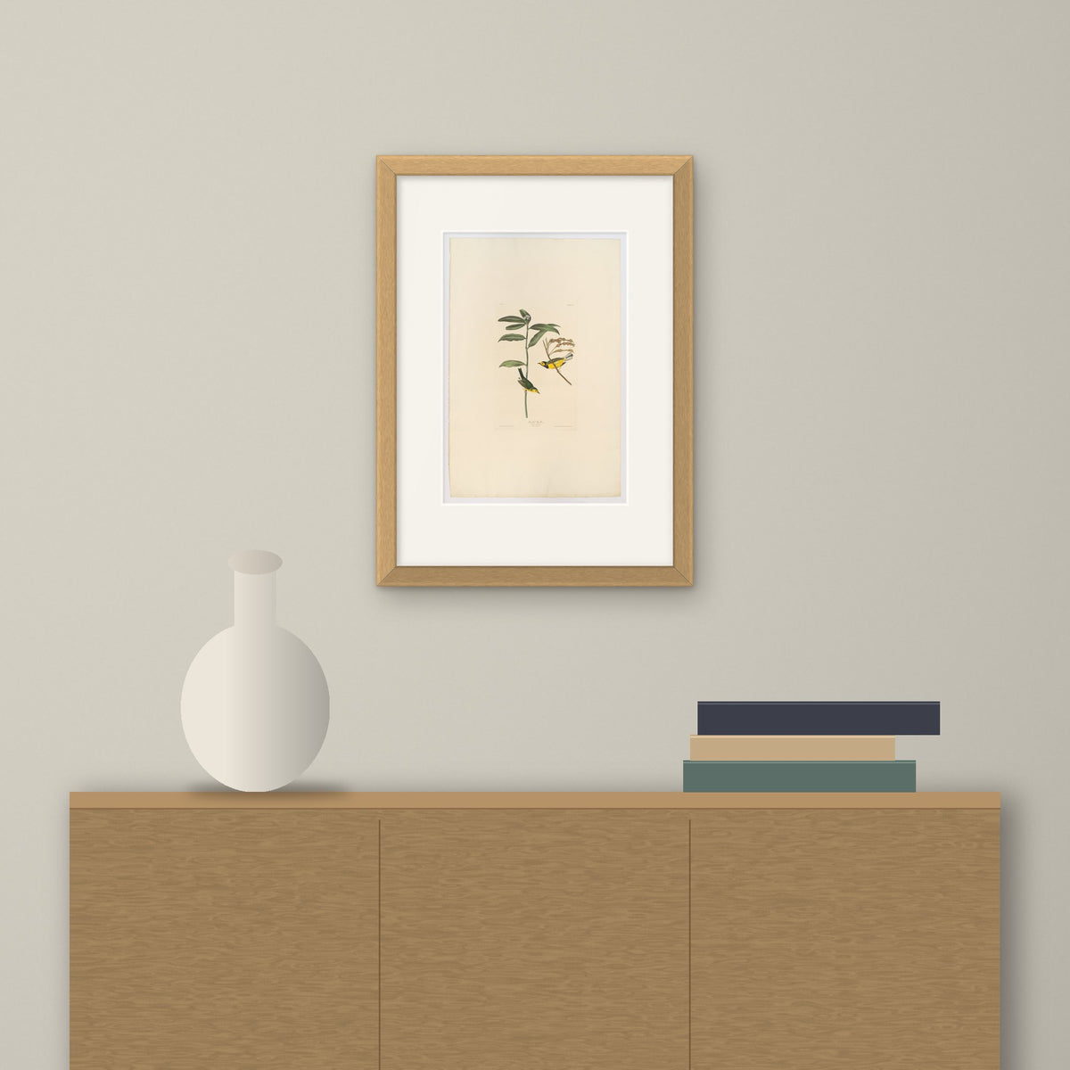 Hooded Warbler – framed on a wall above a sideboard