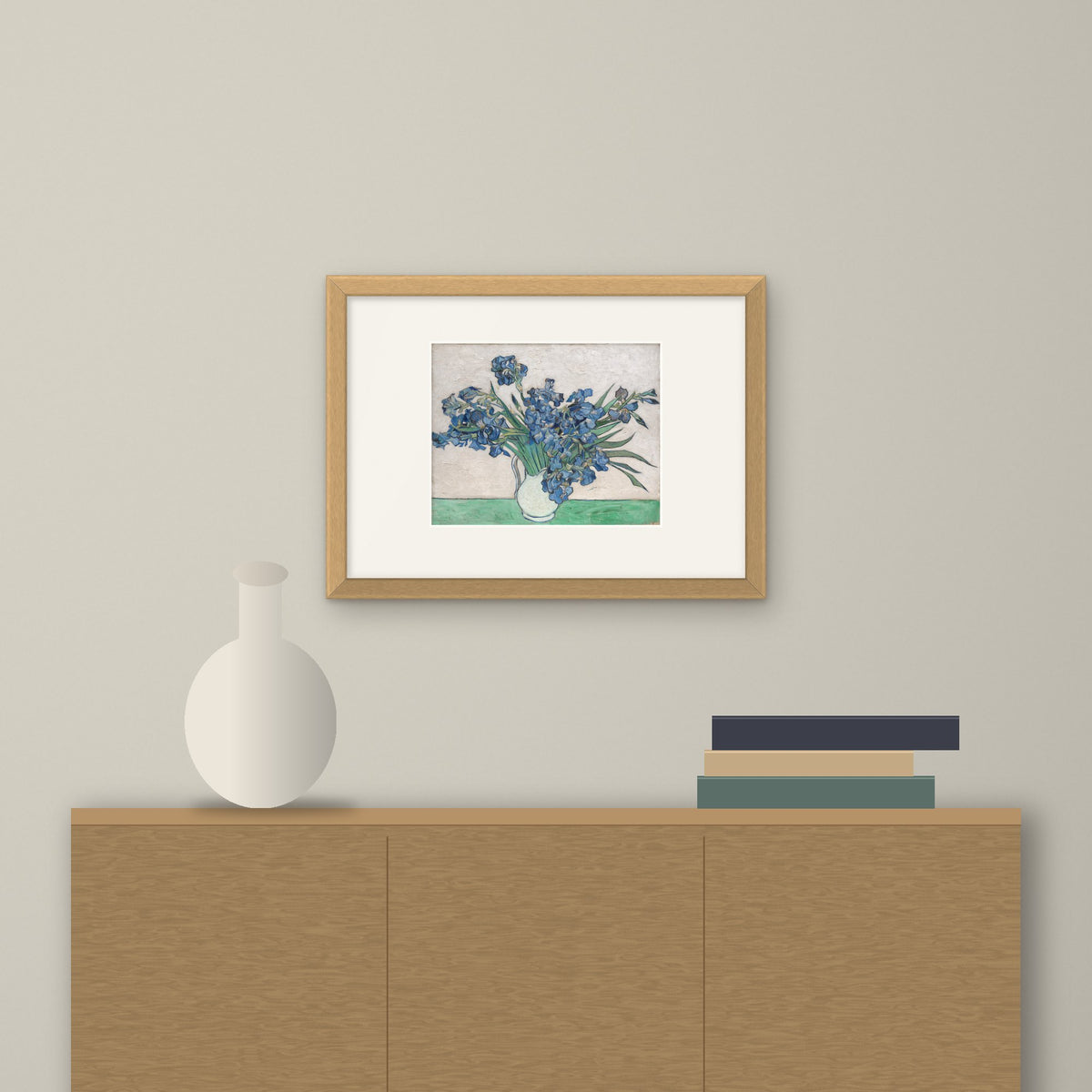 Irises – framed on a wall above a sideboard