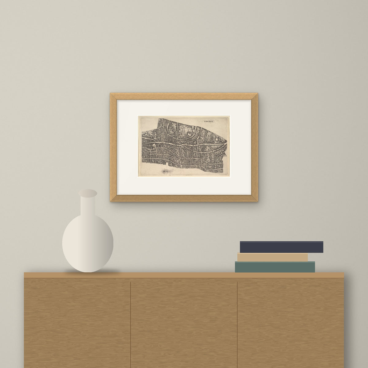 London before the Great Fire – framed on a wall above a sideboard