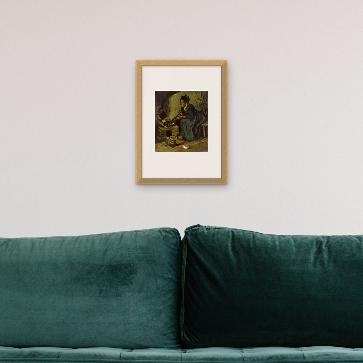 Peasant Woman Cooking by a Fireplace – framed in a living room
