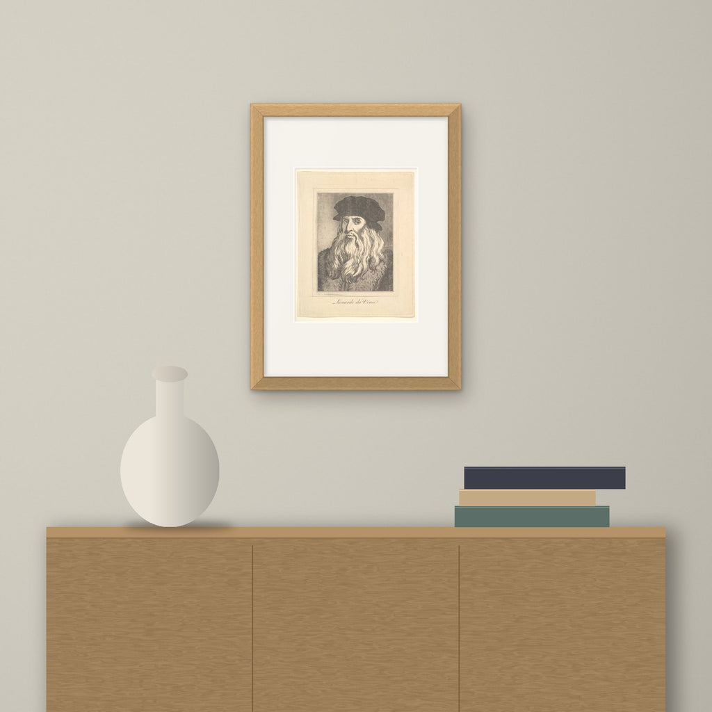 Portrait of Leonardo – framed on a wall above a sideboard