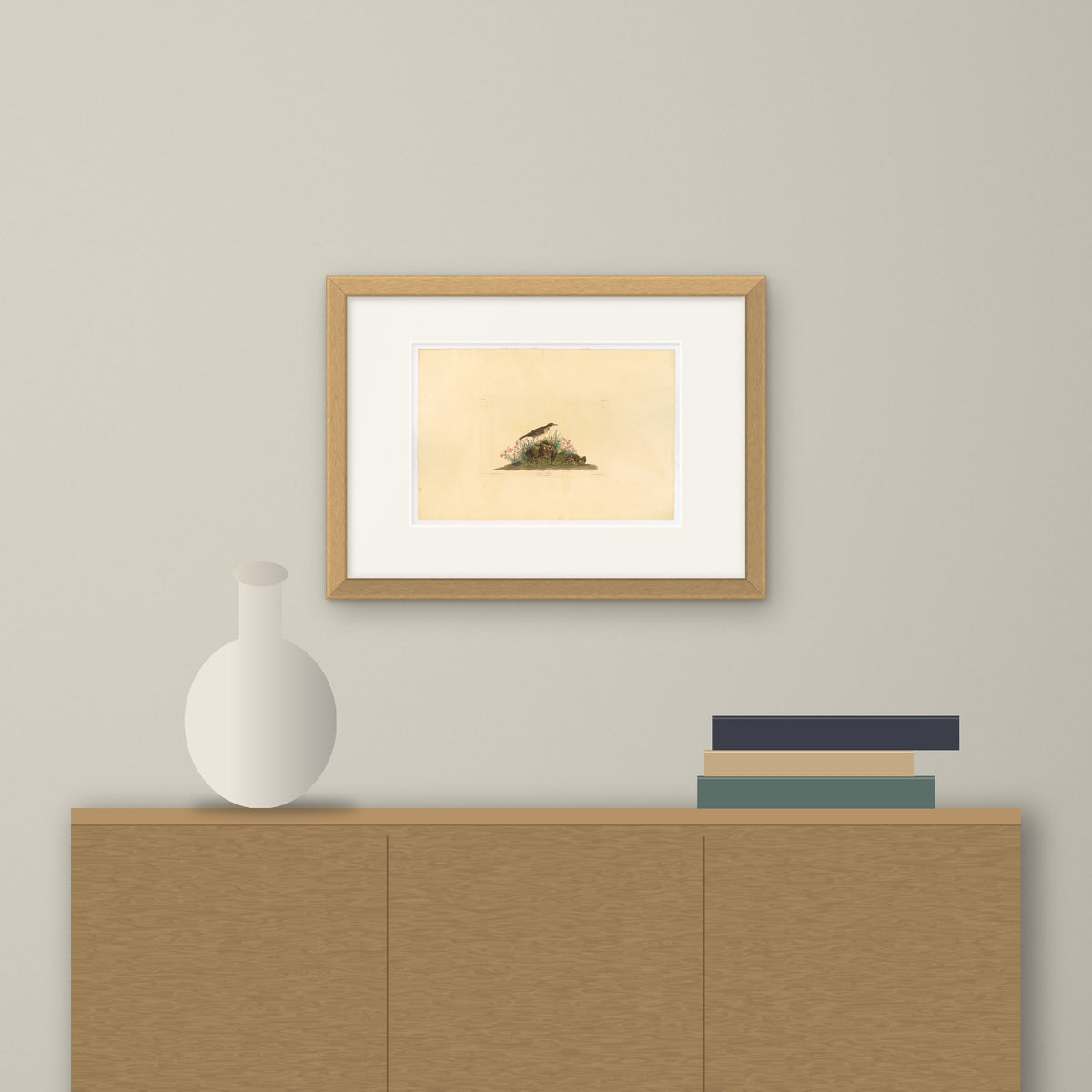 Prairie Titlark – framed on a wall above a sideboard
