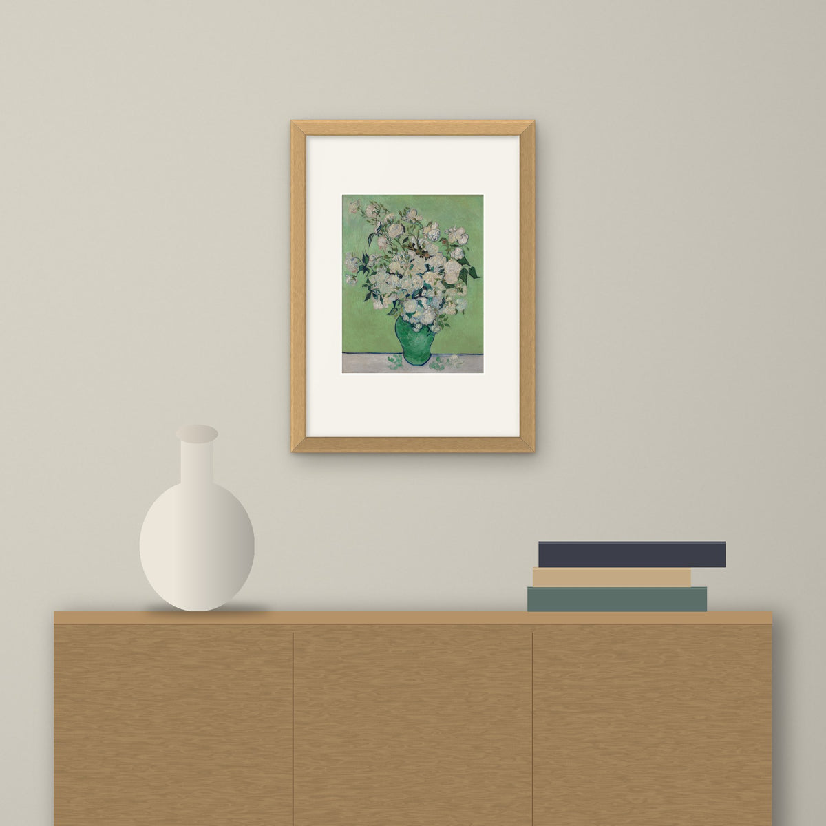 Roses – framed on a wall above a sideboard