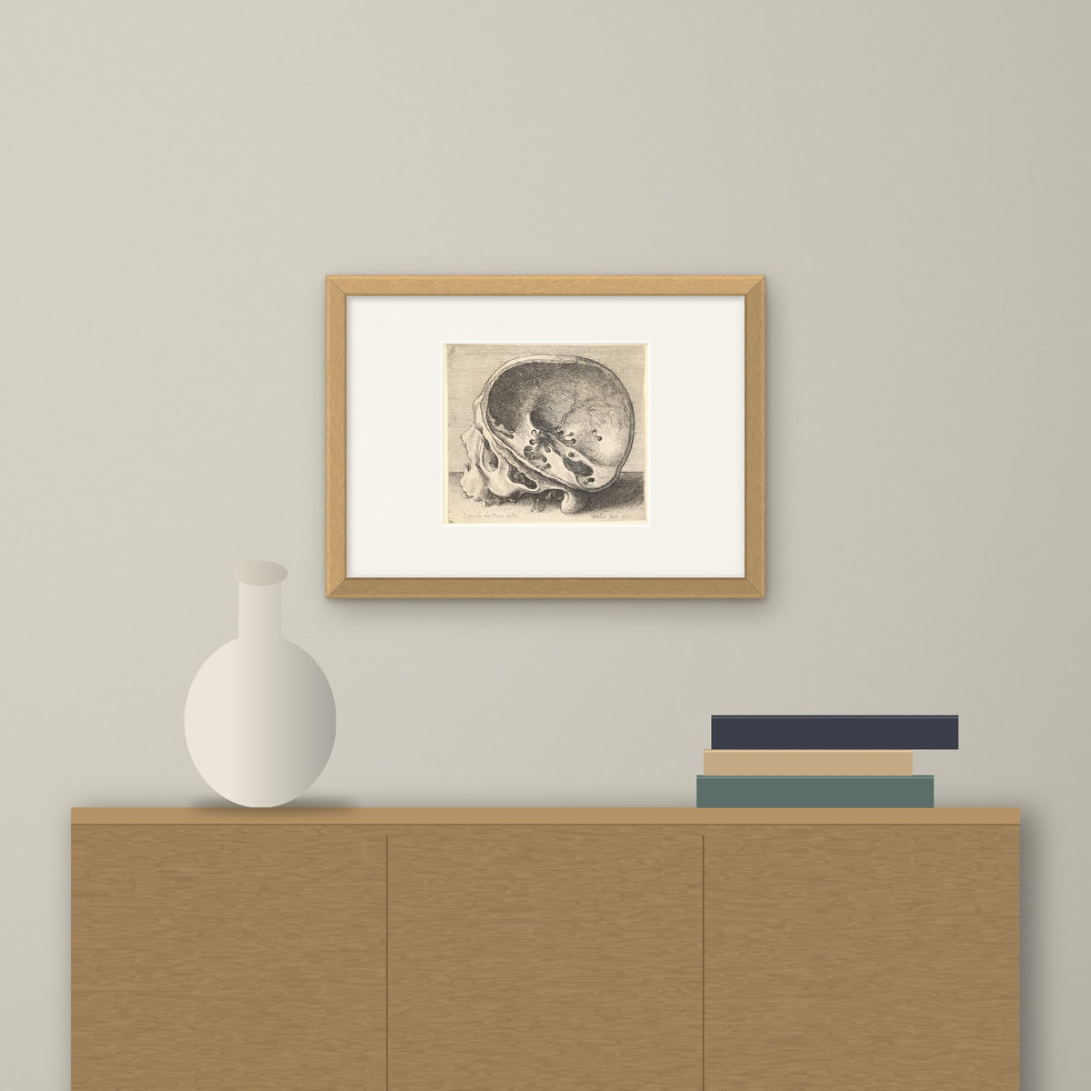 Sectioned Skull – framed on a wall above a sideboard