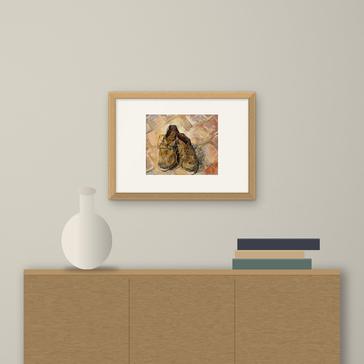 Shoes – framed on a wall above a sideboard