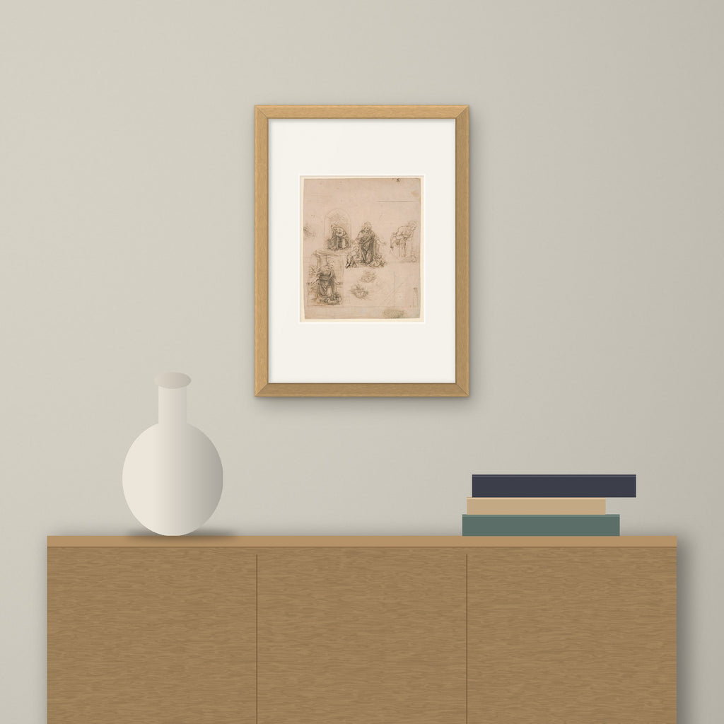 Sketches for the Virgin Adoring the Christ Child – framed on a wall above a sideboard