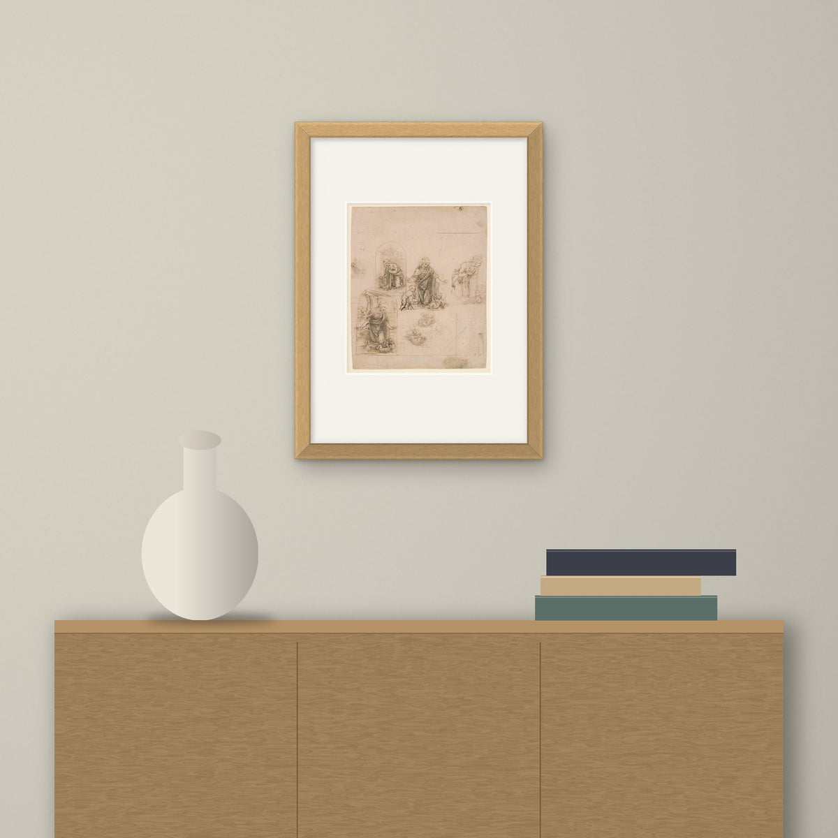 Sketches for the Virgin Adoring the Christ Child – framed on a wall above a sideboard