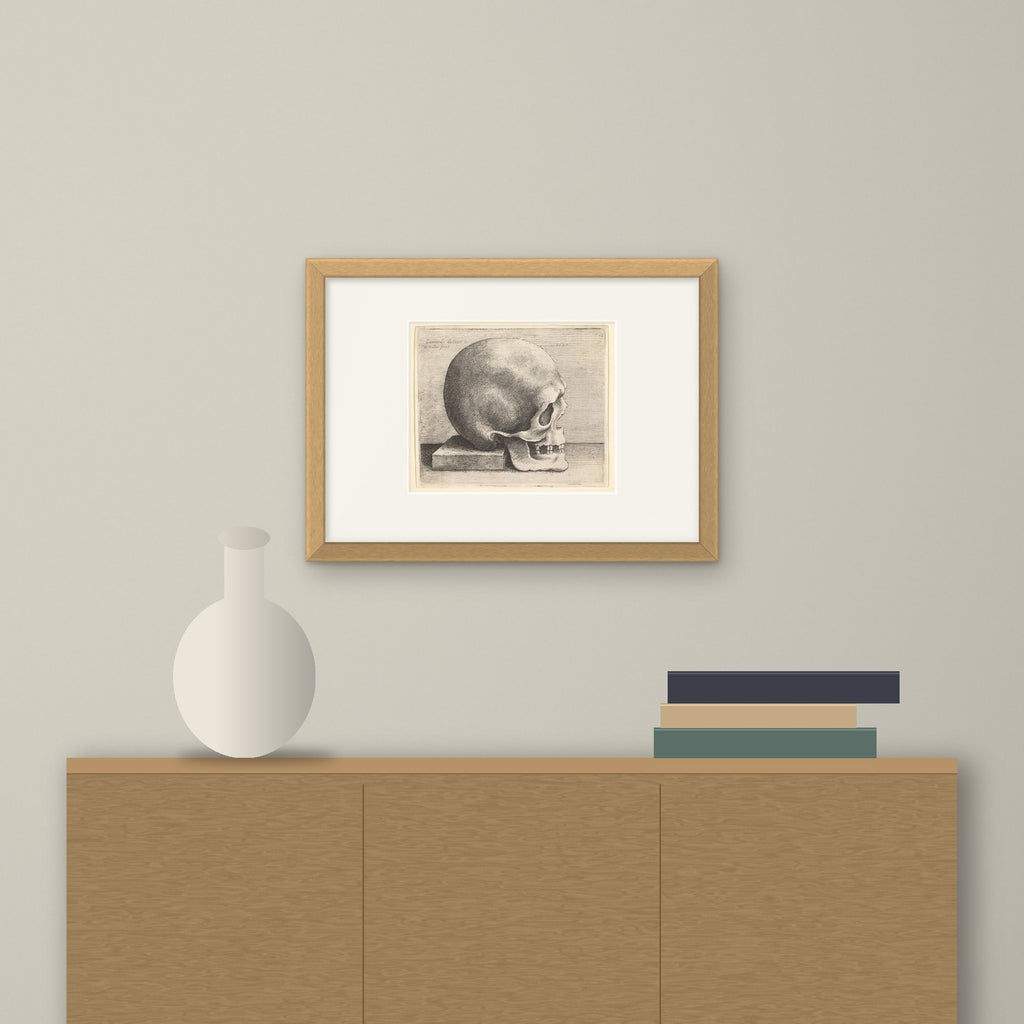Skull in Profile – framed on a wall above a sideboard