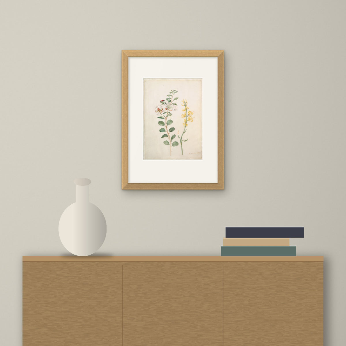 Study of Capers, Gorse and a Beetle – framed on a wall above a sideboard