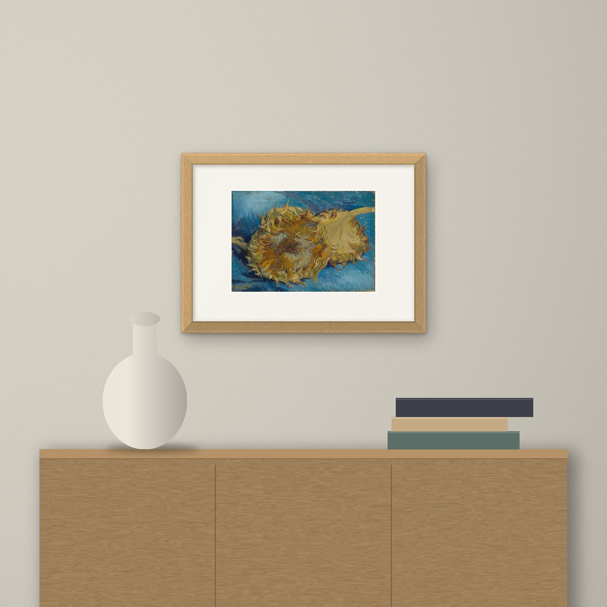 Sunflowers – framed on a wall above a sideboard