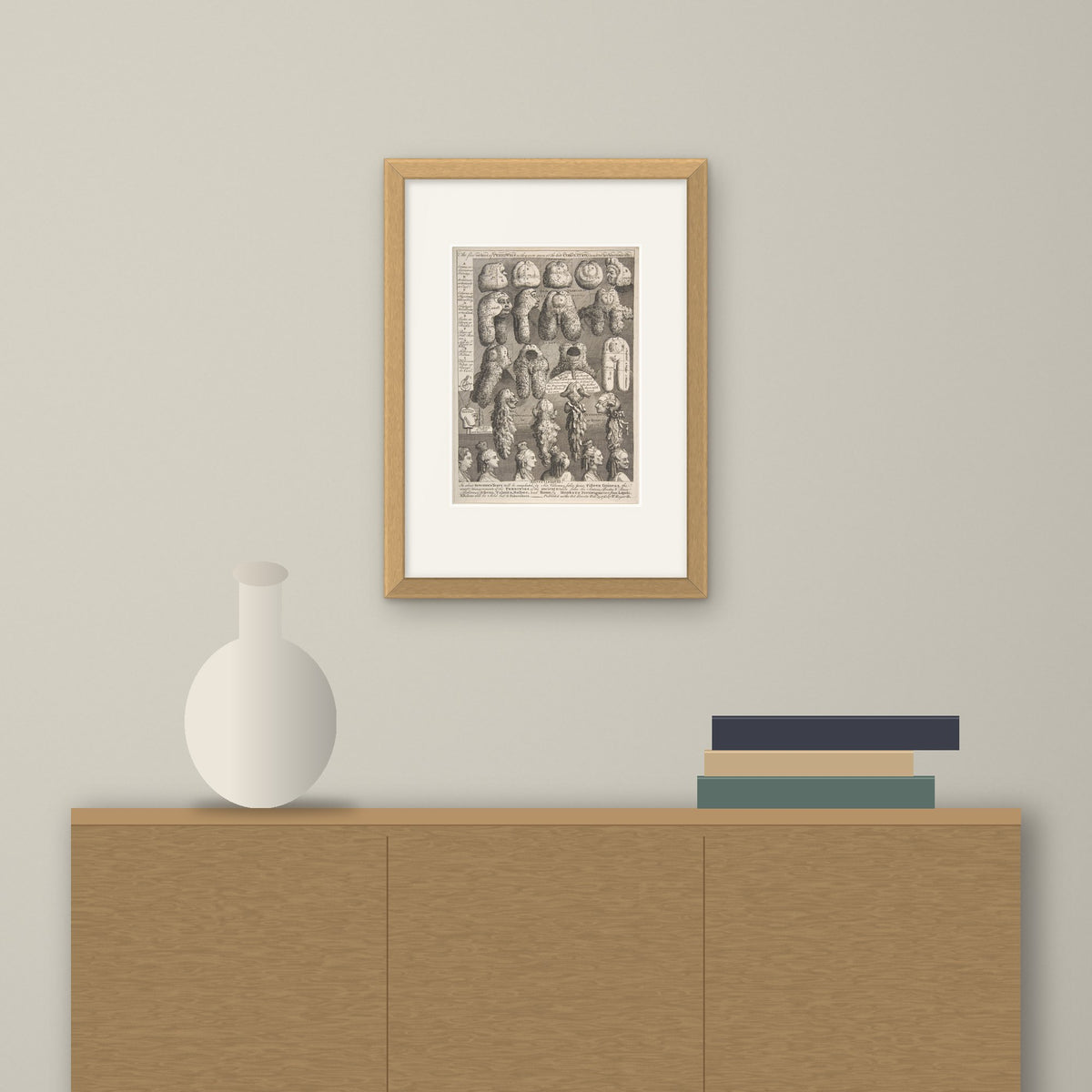 The Five Orders of Periwigs – framed on a wall above a sideboard