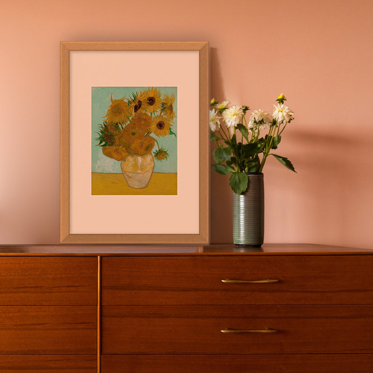 Vase with Twelve Sunflowers – framed in a living room