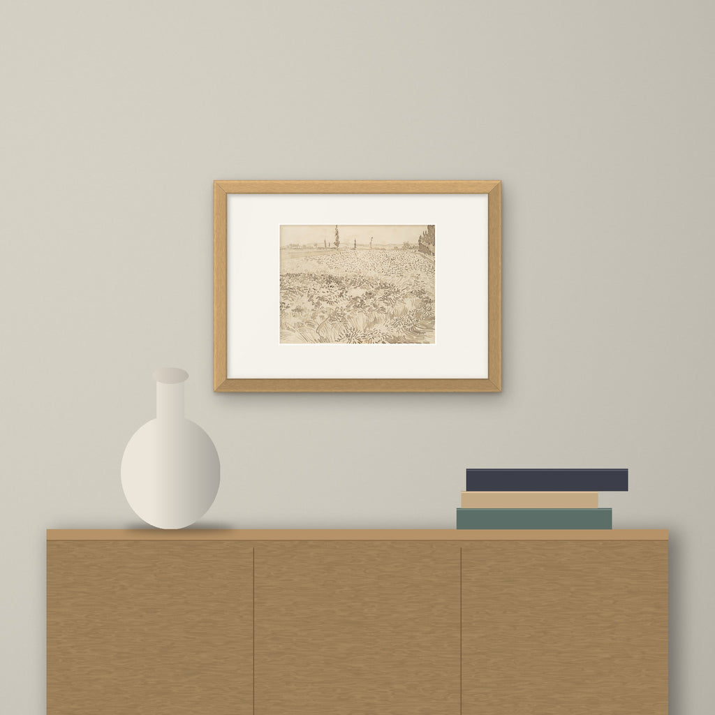 Wheat Field (drawing) – framed on a wall above a sideboard