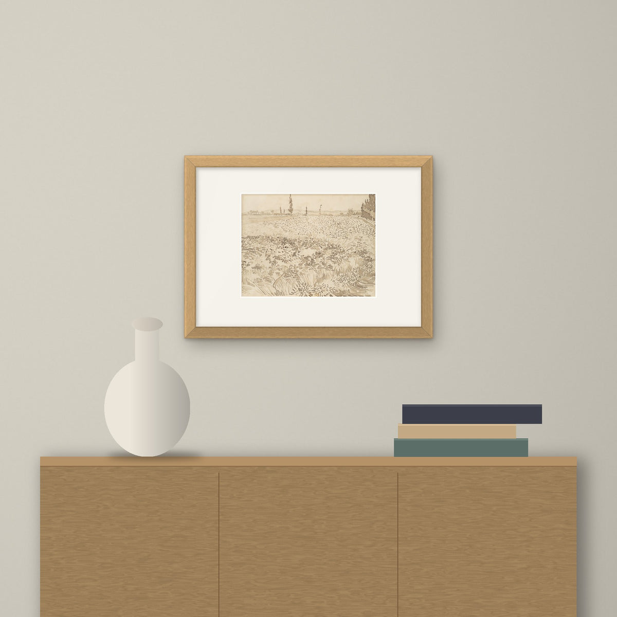 Wheat Field (drawing) – framed on a wall above a sideboard
