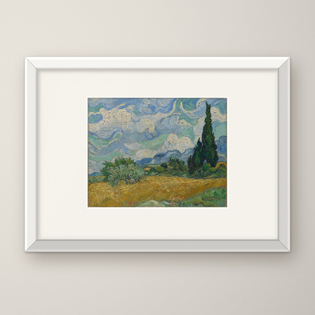 Wheat Field with Cypresses – in a white frame